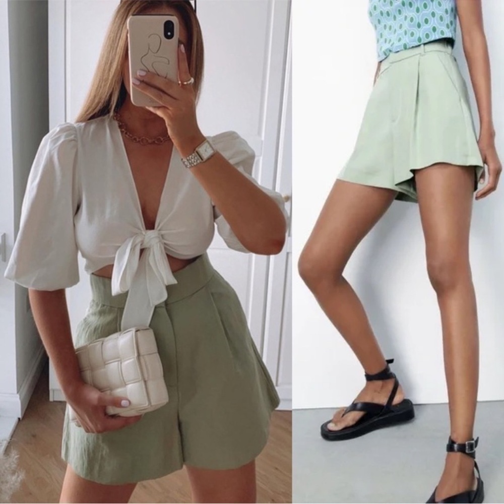Zara Sea Green Pleated Shorts - Picture 1 of 8